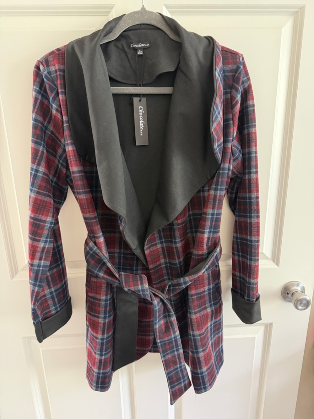 Chocolate Red & Navy Plaid Wrap Blazer with Black Collar
